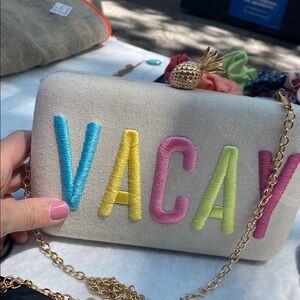 Stylish Beige VACAY Clutch with Gold Chain